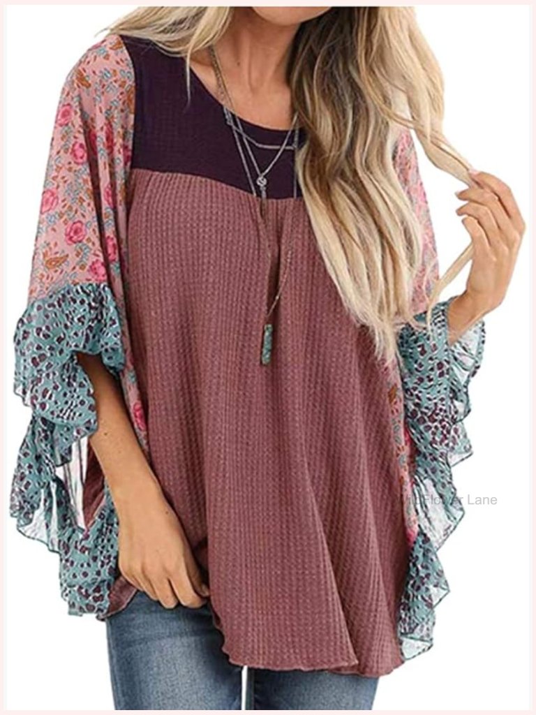 Womens Floral 3/4 Sleeve Blouse Batwing Loose Fit Pullover Top